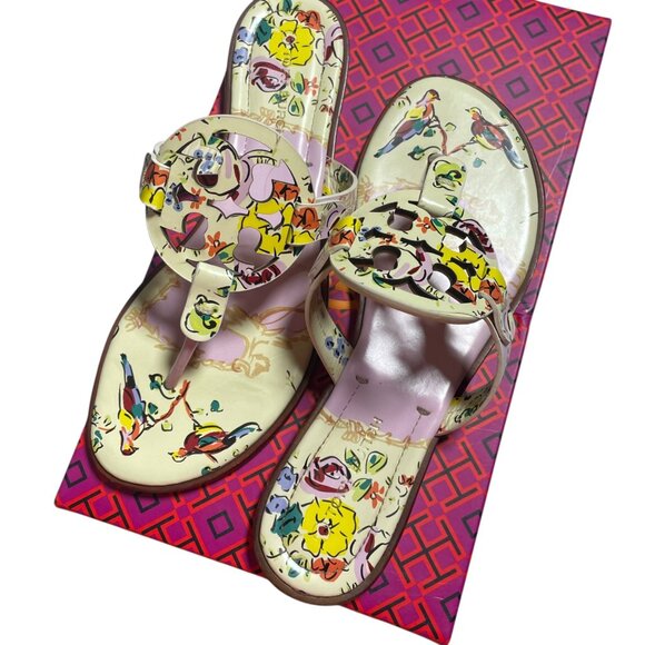 Tory Burch Miller Welt Sandals Size 7 Floral Pink Leather - Picture 3 of 5